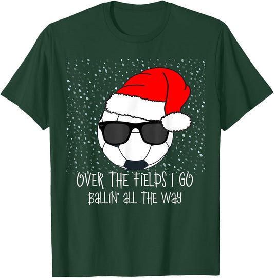 Santa Claus Hat Soccer Ball Sunglasses Christmas Baller Kids T-Shirt - T-Shirt | Forest