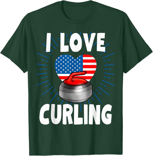 I Love Curling USA Flag 4th of July Winter Sports Man Woman T-Shirt - T-Shirt | Forest