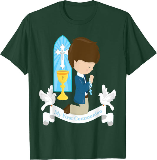 My First Communion Shirt Kids Children Son Boy Brunette T-Shirt - T-Shirt | Forest
