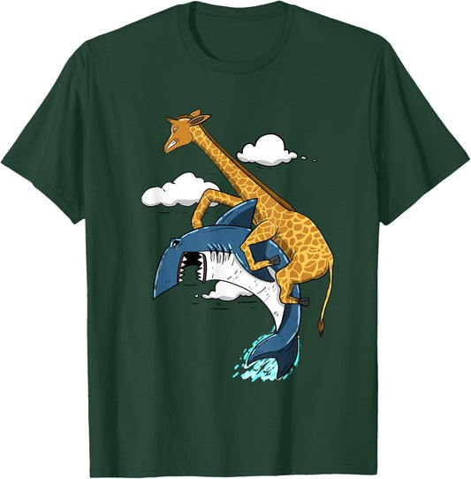 Giraffe Riding Shark Funny Animal Lover Girls Gift T-Shirt - T-Shirt | Forest