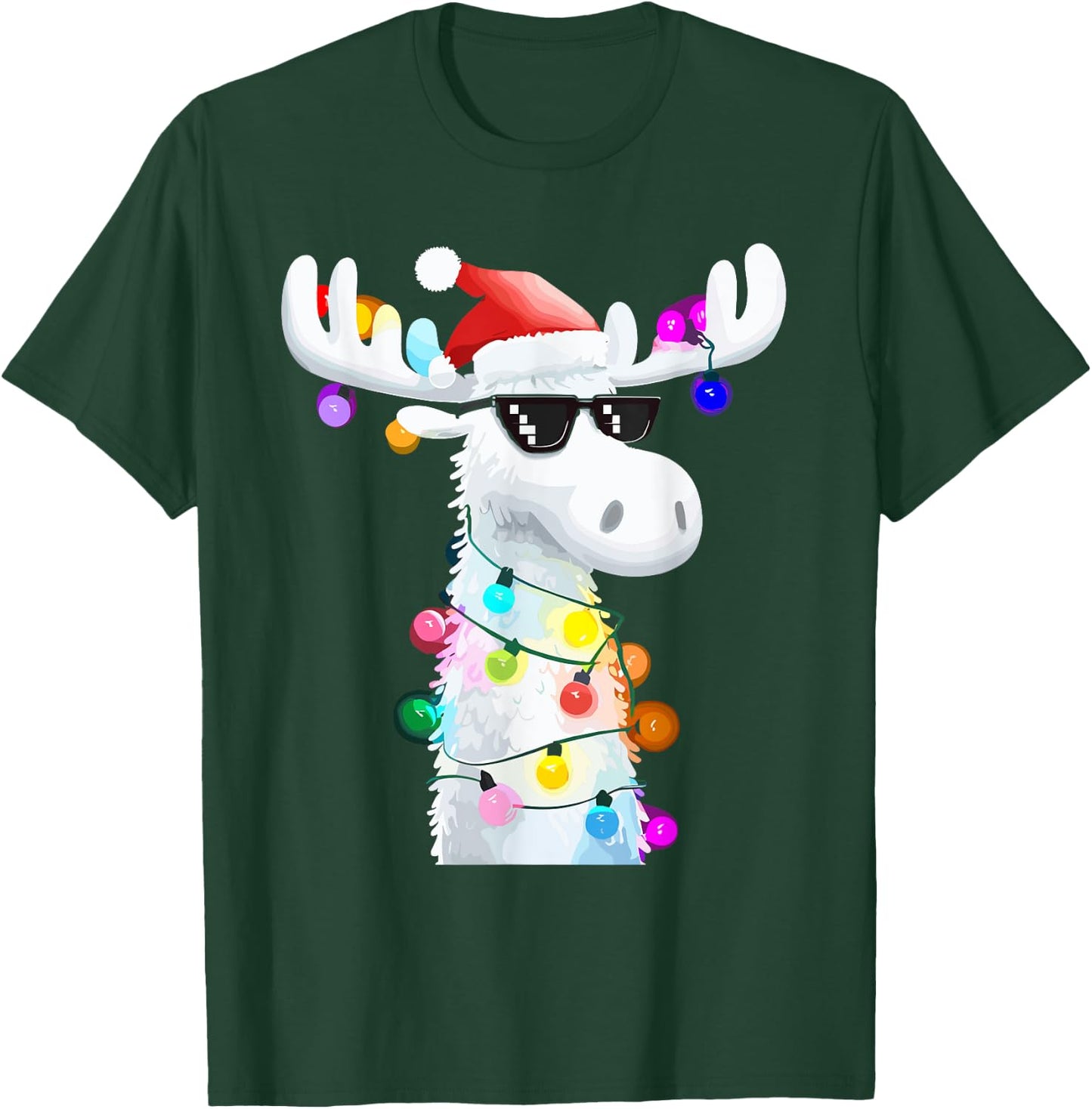 Funny Christmas Moose with Sunglasses and Holiday Lights T-Shirt - T-Shirt | Forest