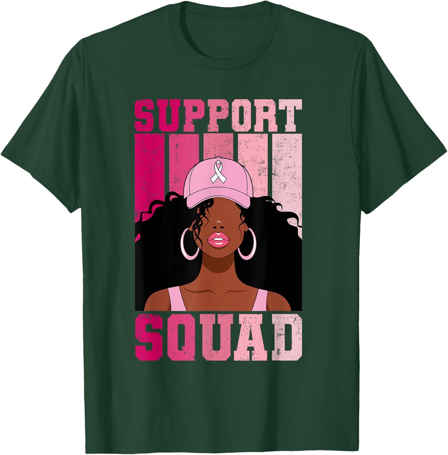 Black Woman Pink Ribbon October Breast Cancer Support Squad T-Shirt - T-Shirt | Forest