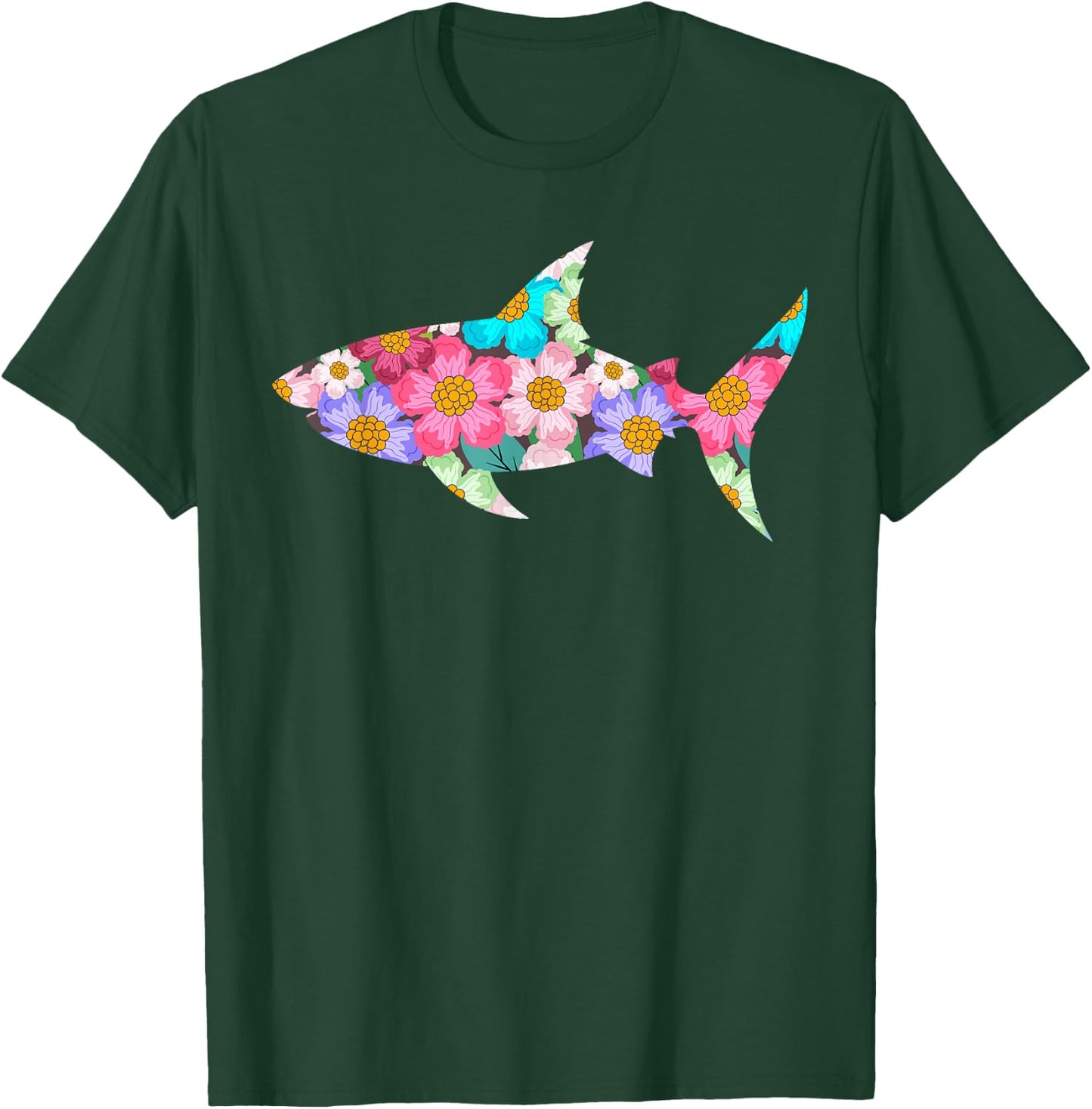 Floral Shark Silhouette Girls Graphic T-Shirt - T-Shirt | Forest