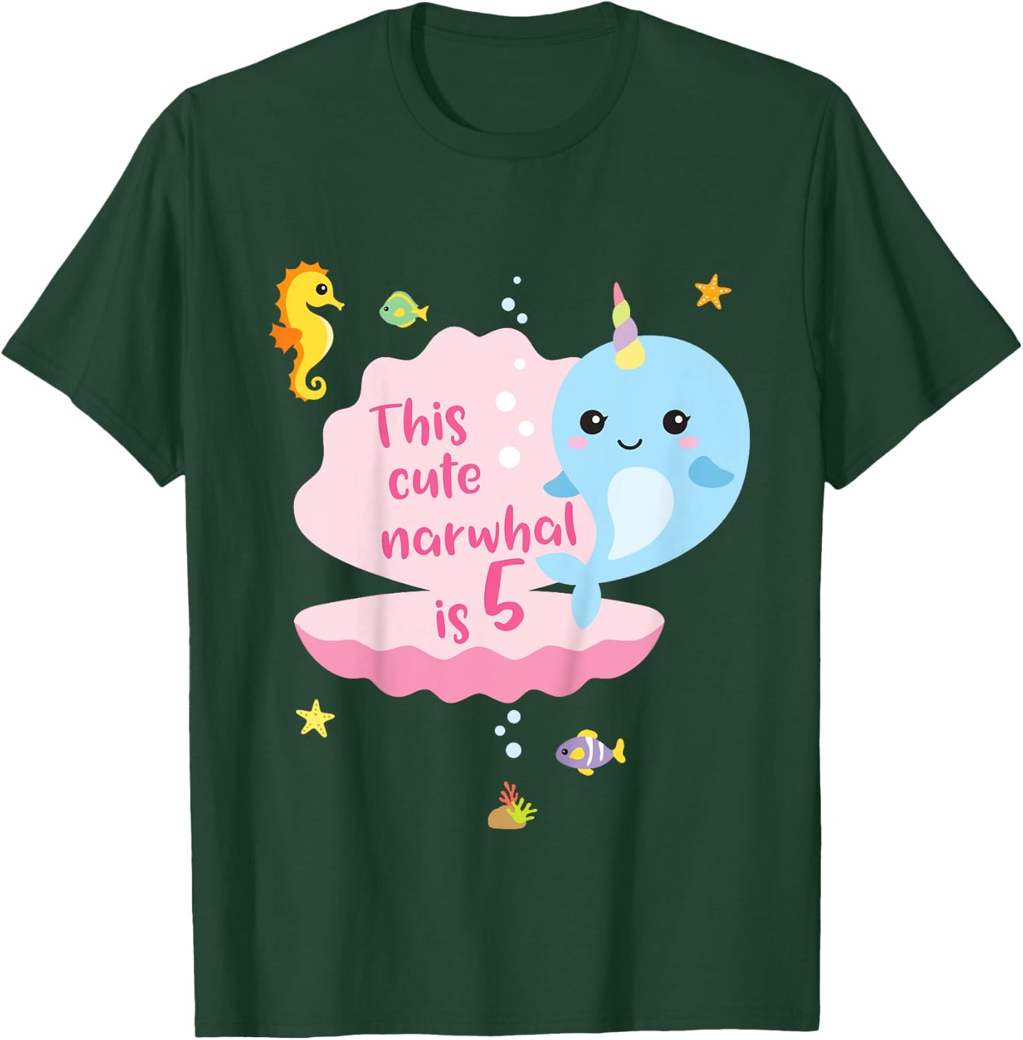 5th Birthday 5 Year Old Girl Boy Gift Narwhal Sea Unicorn T-Shirt - T-Shirt | Forest