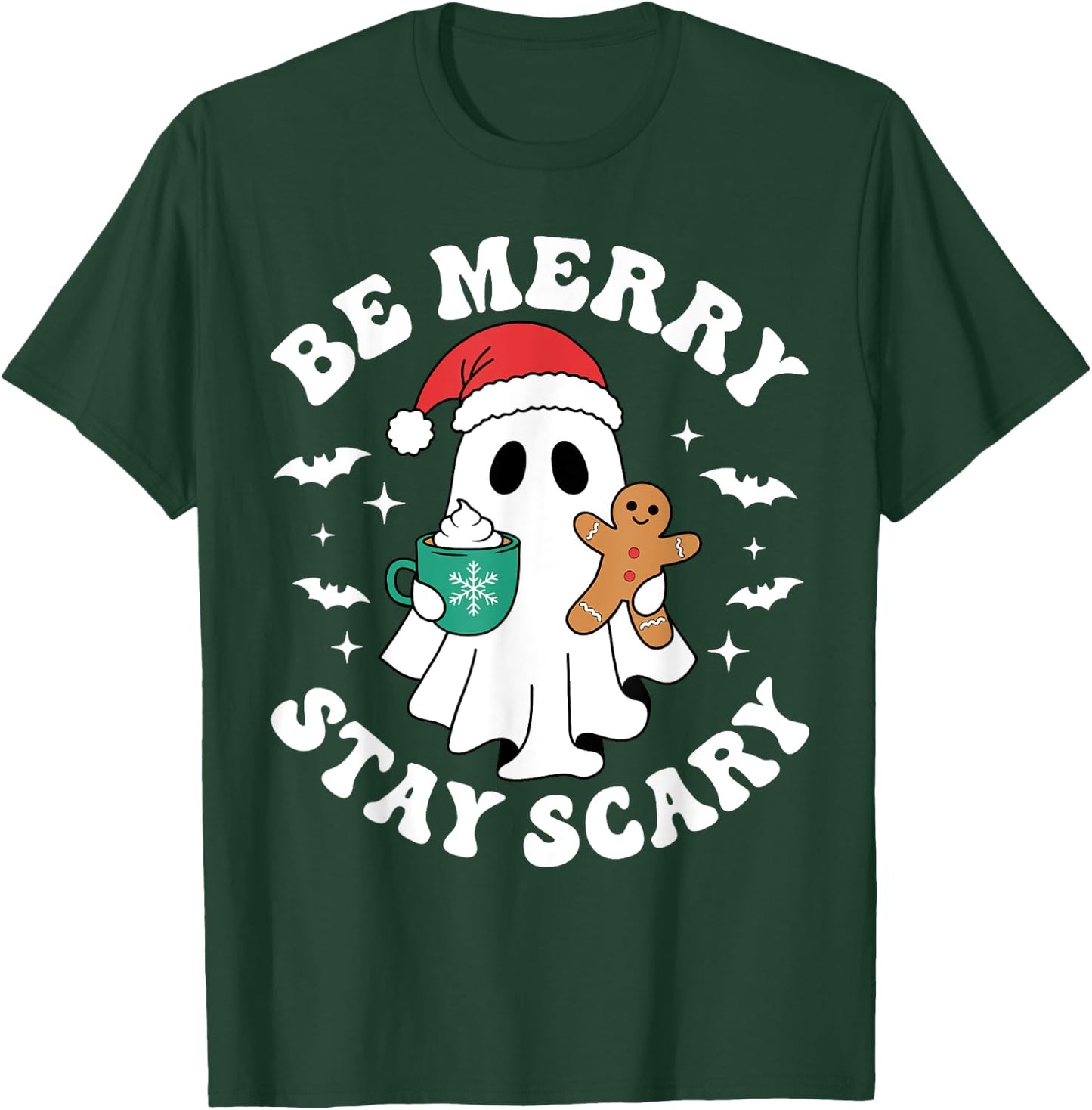 Be Merry Stay Scary Funny Santa Ghost Christmas Halloween T-Shirt - T-Shirt | Forest
