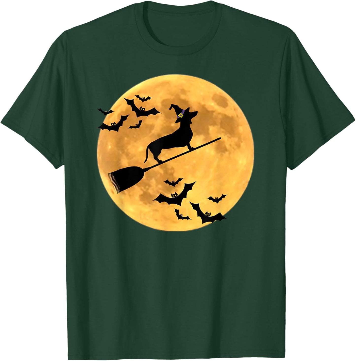 Dachshund Witch Dog Halloween Moon Broomstick Broom Men Women Kids T-Shirt - T-Shirt | Forest