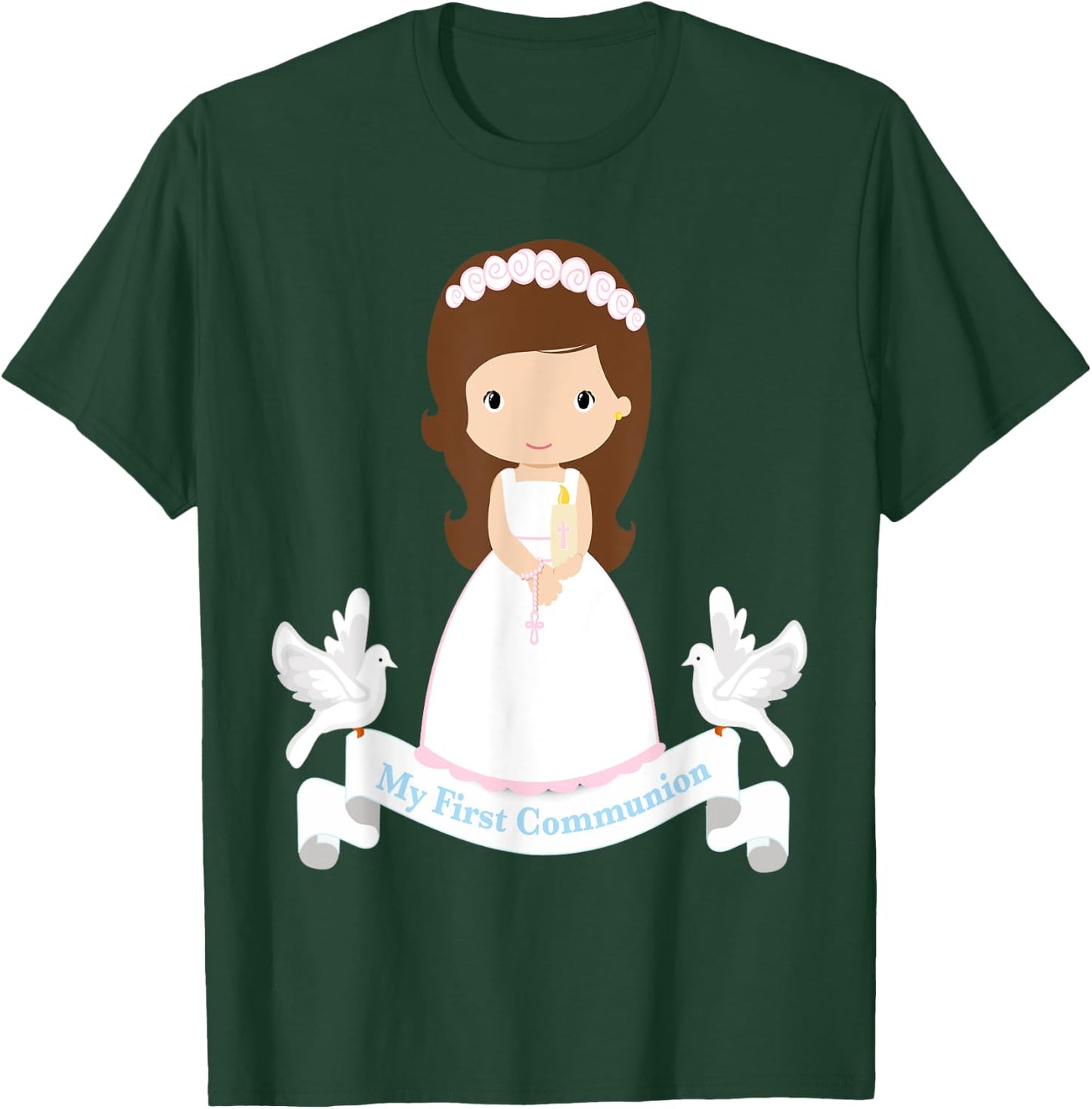 First Communion Shirt Kids Rosary Girls Daughter Brown Hair T-Shirt - T-Shirt | Forest