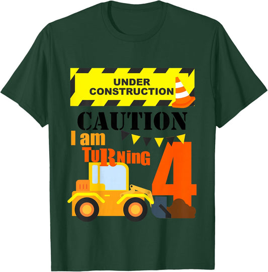 Kids 4th Construction Truck Birthday Excavator Age 4 Year Old Boy T-Shirt - T-Shirt | Forest