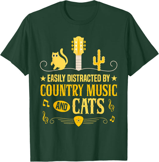 Distracted By Country Music And Cats Cowboy Cat T-Shirt - T-Shirt | Forest