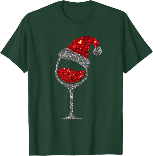Funny Wine Lover Christmas T Shirt - Glass of Red Wine Santa Hat - Men's -Adults Black Short Sleeve Classic Fit - Christmas Wine Shirt - Holiday Shirt T-Shirt - T-Shirt | Forest