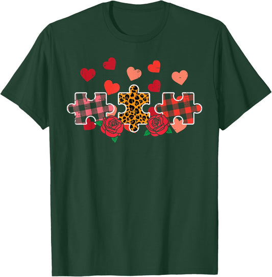 Valentines Day Leopard Plaid Autism Puzzle Women Girls Kids T-Shirt - T-Shirt | Forest