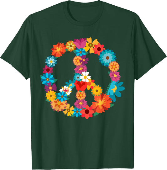 Peace Love | 60's 70's Hippie Costume Colorful Flowers T-Shirt - T-Shirt | Forest