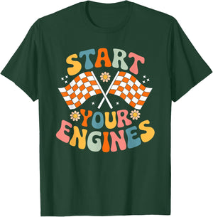 Groovy Start Your Engines Retro Checkered Flag Race Car T-Shirt - T-Shirt | Forest