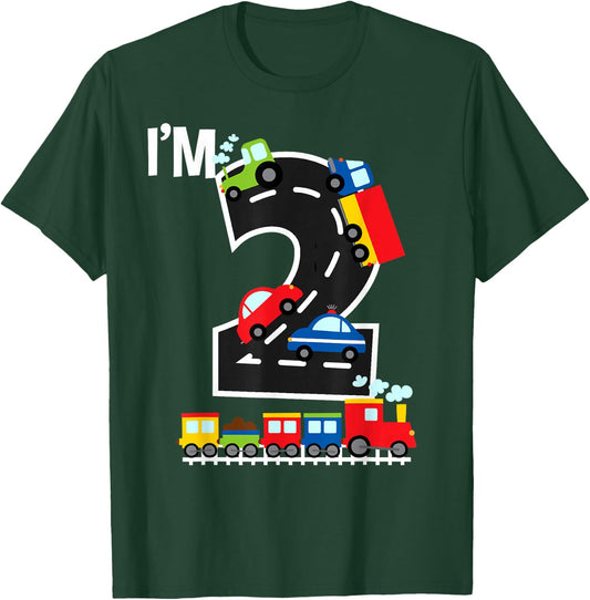 I'm 2 Birthday Boy 2nd Bday Trains Cars Trucks Number T-Shirt - T-Shirt | Forest