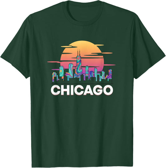 Chicago Skyline Chicago Retro Kids City Sunset Nostalgia T-Shirt - T-Shirt | Forest