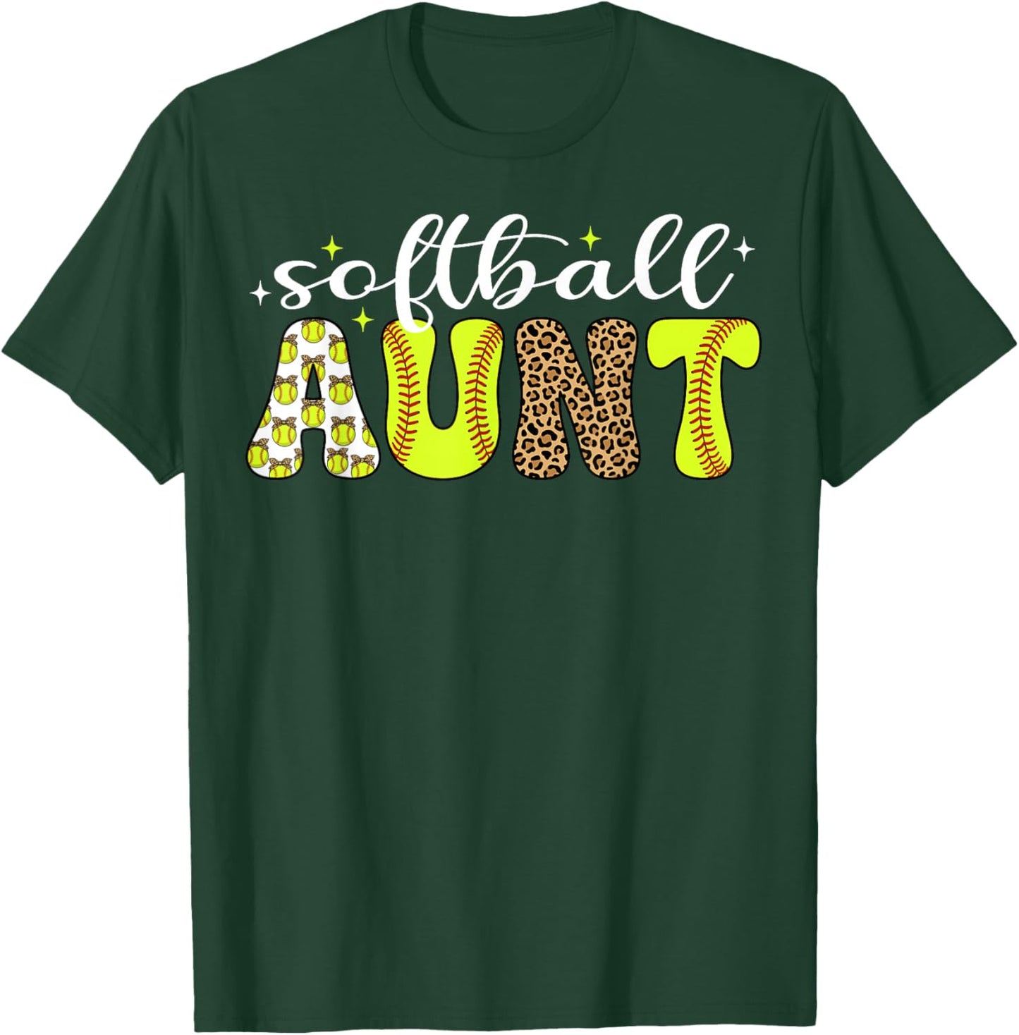 Softball Aunt Leopard Coquette Bow Auntie T-Shirt - T-Shirt | Forest