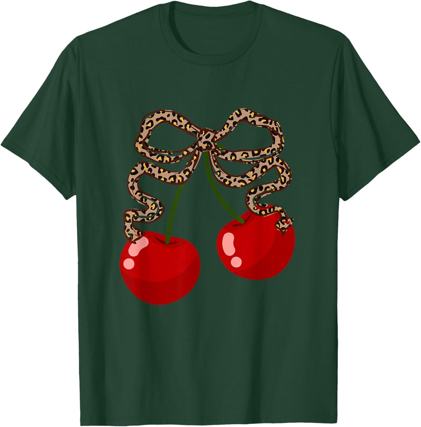 Cherries with Leopard Coquette Bow Girl Aesthetic T-Shirt - T-Shirt | Forest