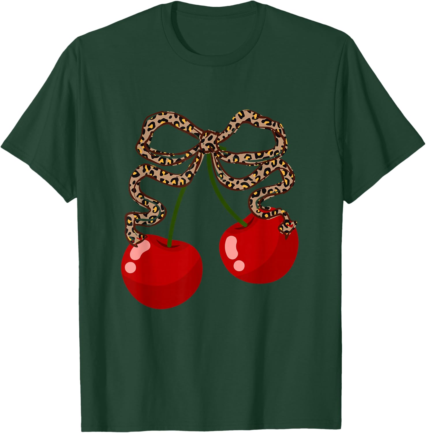 Cherries with Leopard Coquette Bow Girl Aesthetic T-Shirt - T-Shirt | Forest