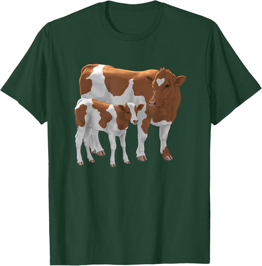 Brown & White Guernsey Cow & Cute Calf Cattle Farmer Gift T-Shirt - T-Shirt | Forest
