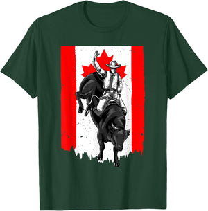 Distressed Rodeo Bull Rider Canadian Flag Cowboys Horsemen T-Shirt - T-Shirt | Forest