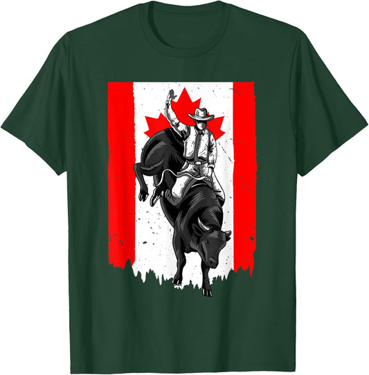 Distressed Rodeo Bull Rider Canadian Flag Cowboys Horsemen T-Shirt - T-Shirt | Forest