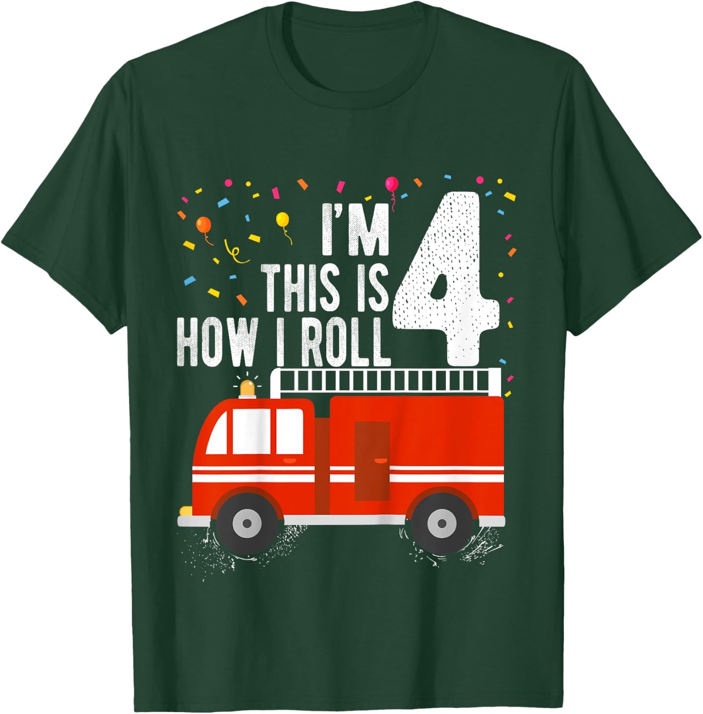 Kids Fire Truck 4th Birthday Boy 4 Year Old Firefighter T-Shirt - T-Shirt | Forest