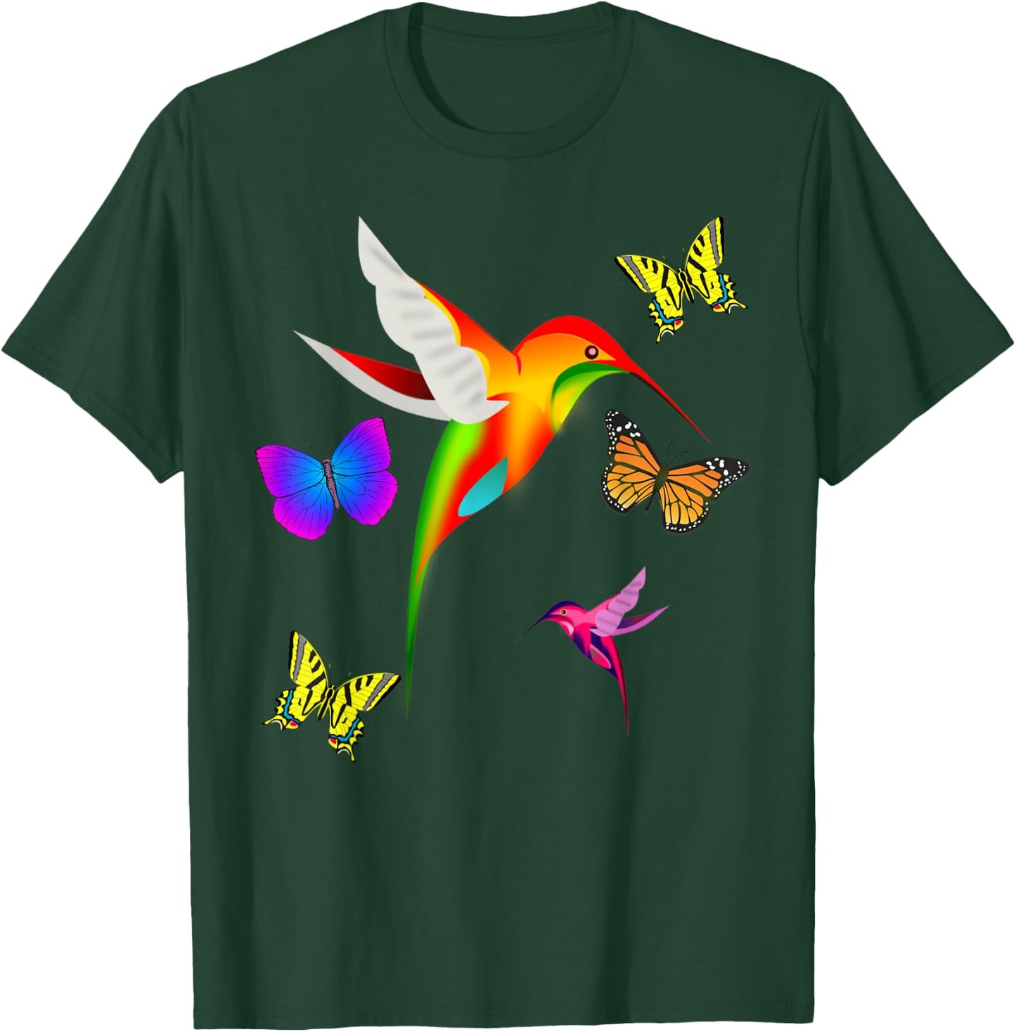 Unique Colorful Hummingbird With Butterflies T-Shirt - T-Shirt | Forest