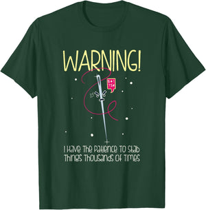 Dancing Dolphin Crafts Adults Black Cotton - WARNING! I Have Patience To Stab Things Thousands Of Times - Humorous Cross-Stitch Design - Short Sleeve - - Small T-Shirt - T-Shirt | Forest