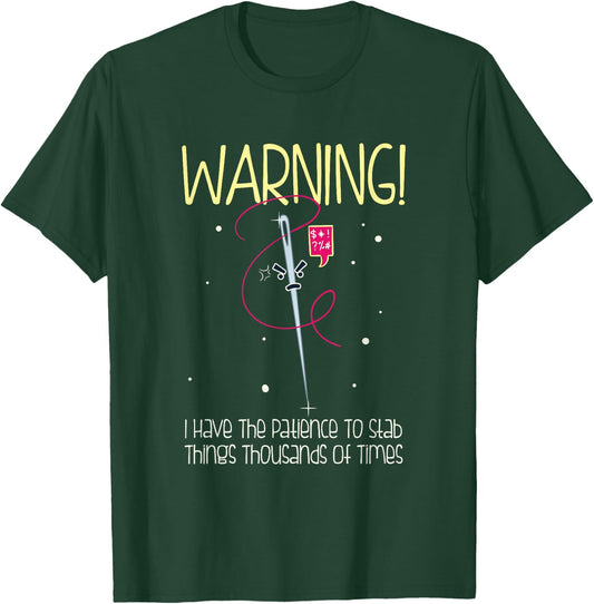 Dancing Dolphin Crafts Adults Black Cotton - WARNING! I Have Patience To Stab Things Thousands Of Times - Humorous Cross-Stitch Design - Short Sleeve - - Small T-Shirt - T-Shirt | Forest
