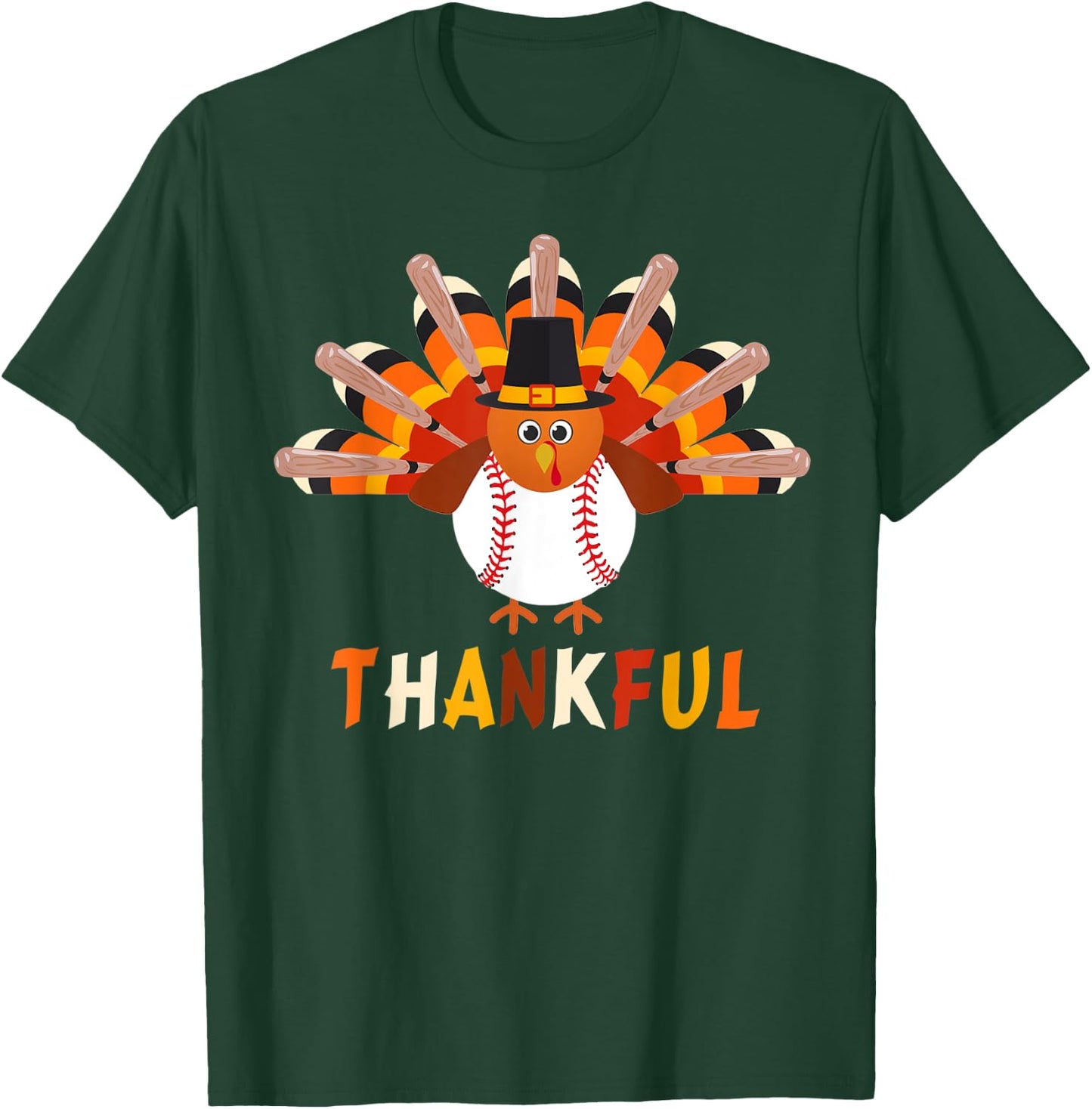 Turkey With Baseball Thankful Thanksgiving Christmas Gift T-Shirt - T-Shirt | Forest
