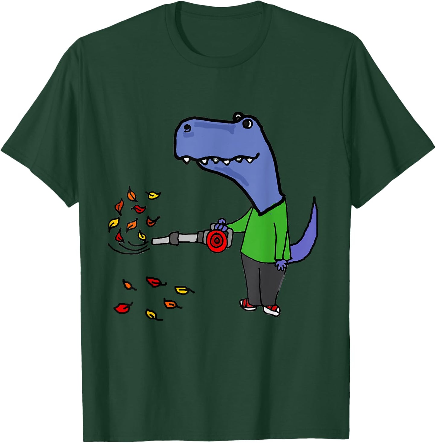 Smileteesall Funny T-rex Dinosaur using Leaf Blower Cartoon T-Shirt - T-Shirt | Forest