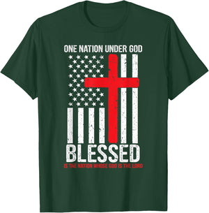 One Nation Under God Blessed American Flag Christian Cross T-Shirt - T-Shirt | Forest