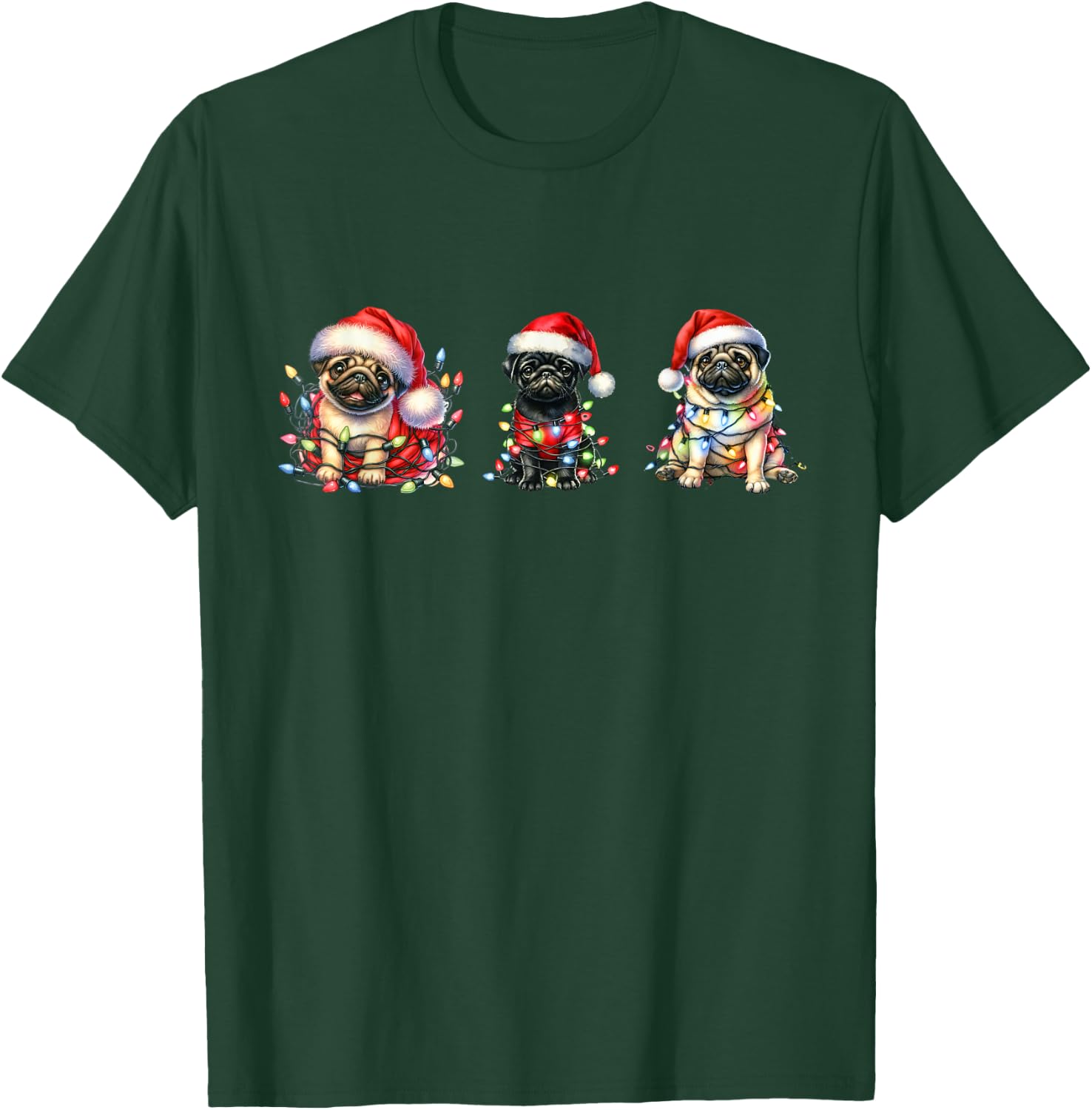 Christmas Fawn and Black Pugs Santa Pugs T-Shirt - T-Shirt | Forest