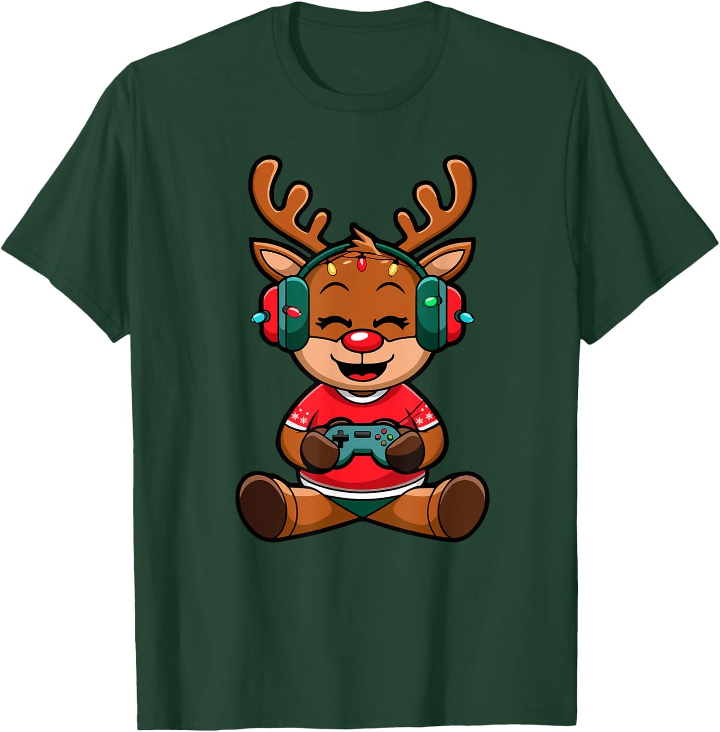 Funny Christmas Gamer Reindeer Gaming Kids Christmas Boys T-Shirt - T-Shirt | Forest