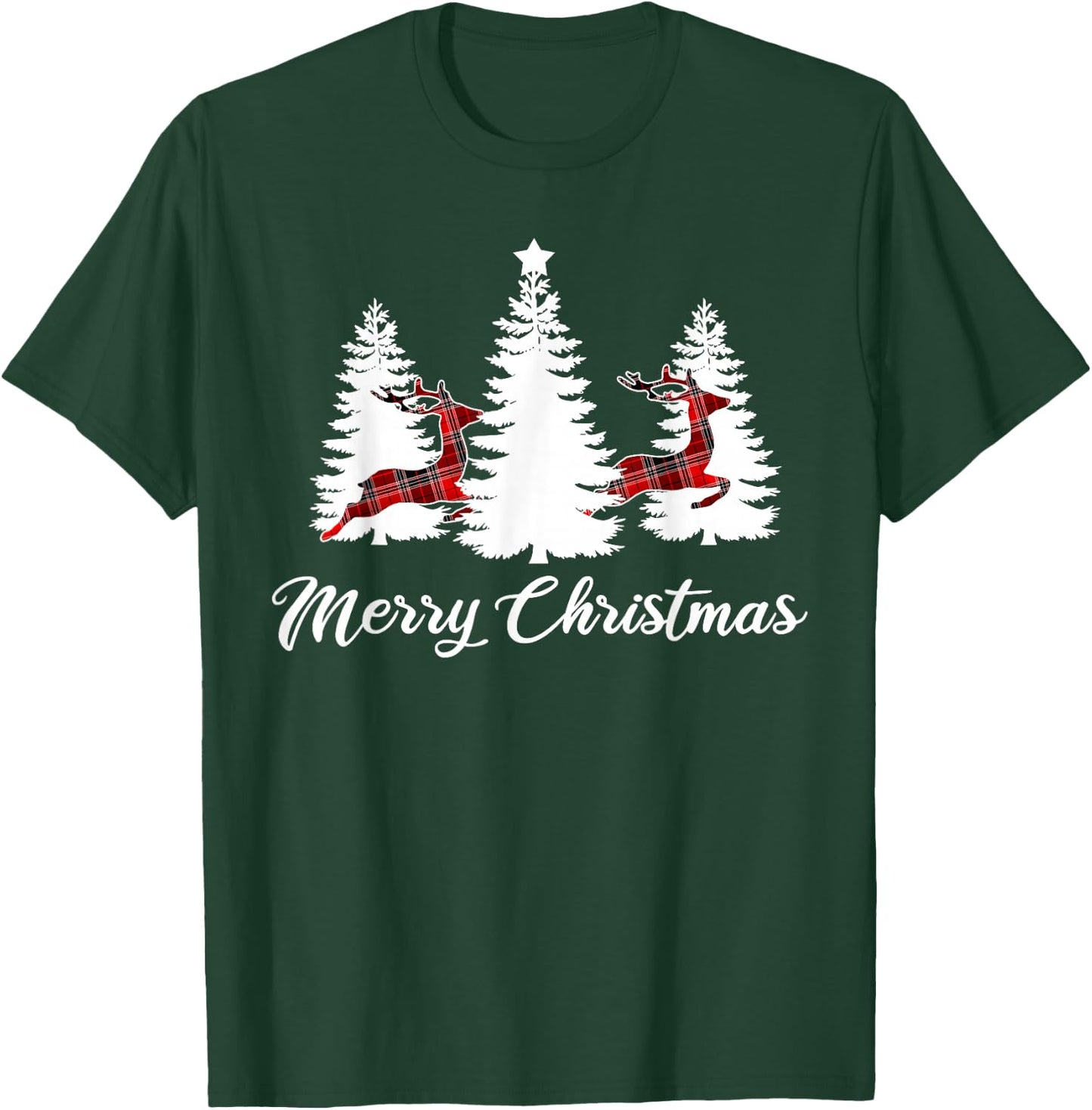 Merry Christmas Shirt Buffalo Plaid Reindeer Tree T-Shirt - T-Shirt | Forest