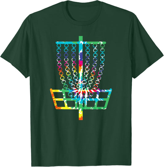 Retro Disc Golf Basket Hippie Rainbow Tie Dye Disc Golfer T-Shirt - T-Shirt | Forest