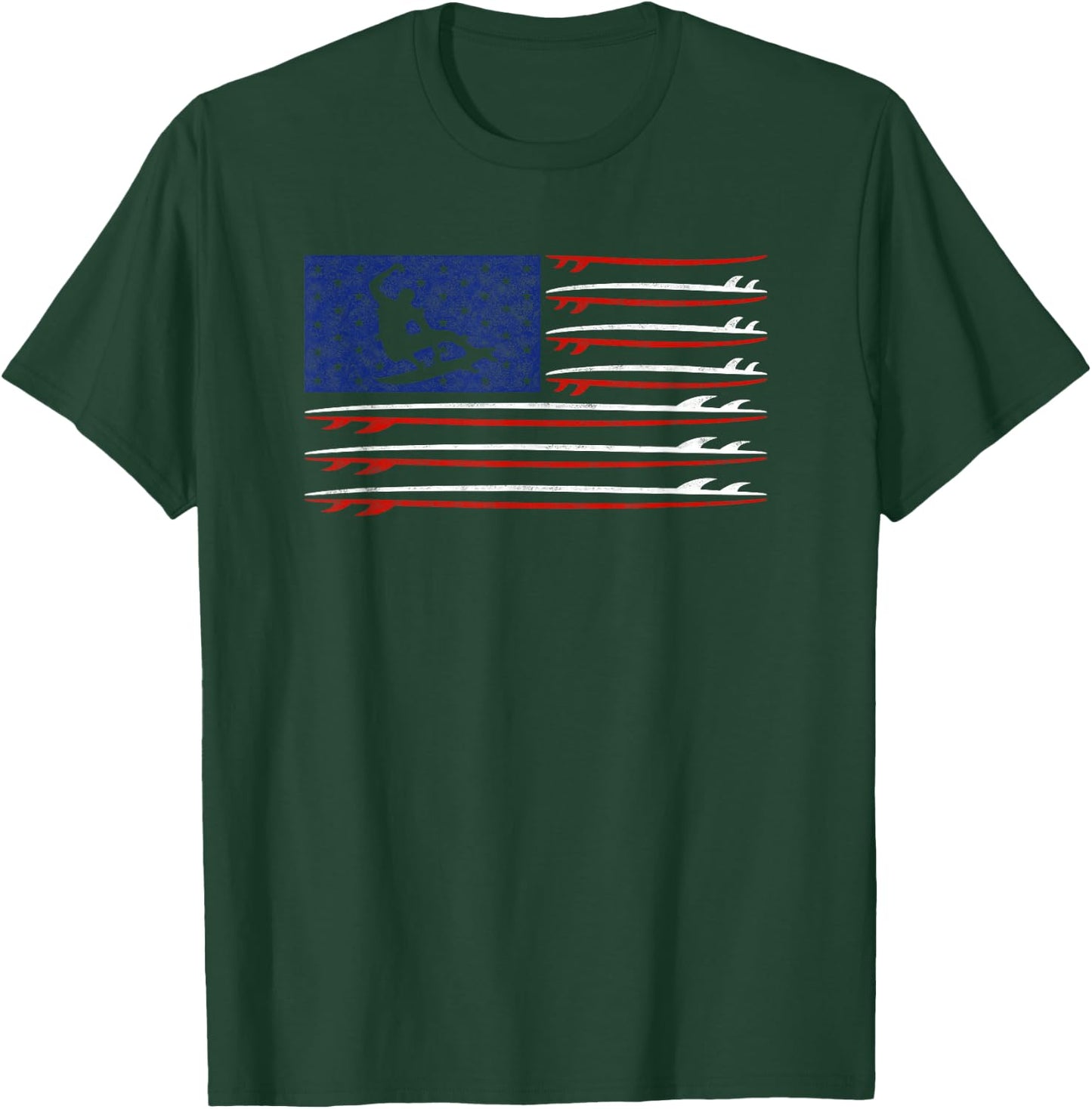 Vintage Surfboard USA Flag Shirt Surfing Wake Surf Surfer T-Shirt - T-Shirt | Forest
