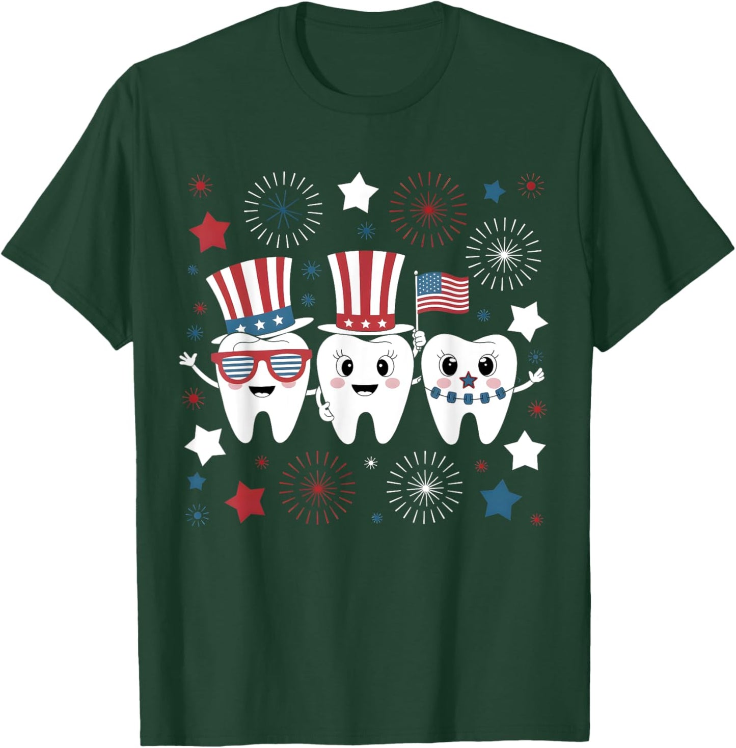 Three Teeth 4th Of July US Flag Firework Dentist Dental Team T-Shirt - T-Shirt | Forest