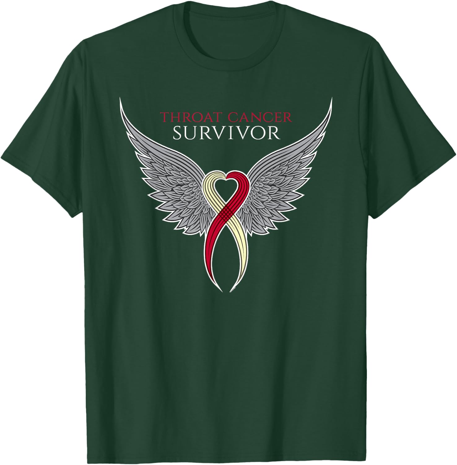 Throat Cancer Awareness by Jomadado for Adults, , Black, Short Sleeve, Size 8 (US), Classic Fit, Crew Collar, Modern Motivational, Cancer Awareness, Ribbon with Wings T-Shirt - T-Shirt | Forest