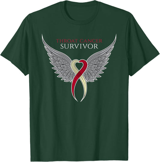 Throat Cancer Awareness by Jomadado for Adults, , Black, Short Sleeve, Size 8 (US), Classic Fit, Crew Collar, Modern Motivational, Cancer Awareness, Ribbon with Wings T-Shirt - T-Shirt | Forest
