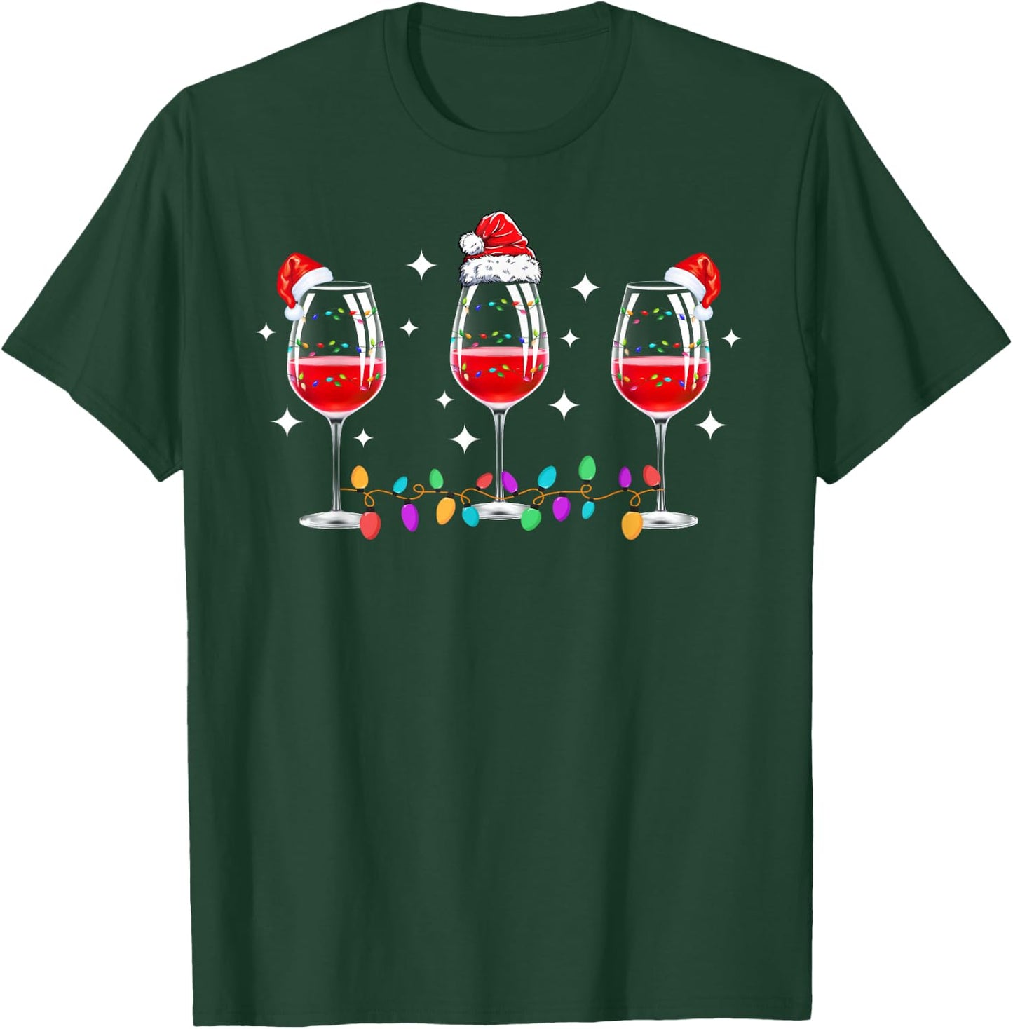 Three Glasses of Wine Christmas Lights Santa Hat Xmas Snow T-Shirt - T-Shirt | Forest
