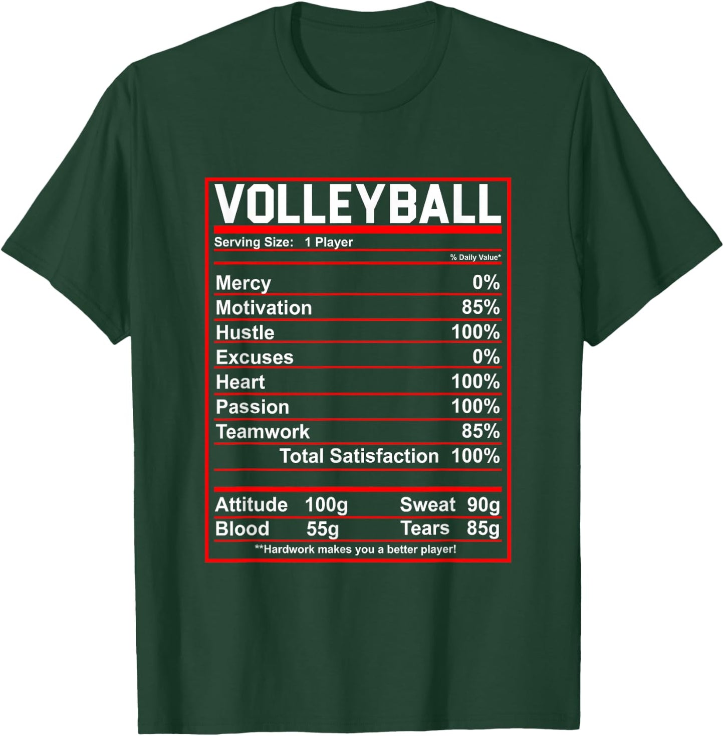 Funny Volleyball Nutrition Facts Women Men T-Shirt - T-Shirt | Forest