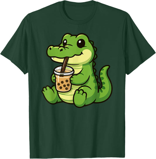 Funny Crocodile Boba Tea Animal Lover Boys Girls Kids T-Shirt - T-Shirt | Forest