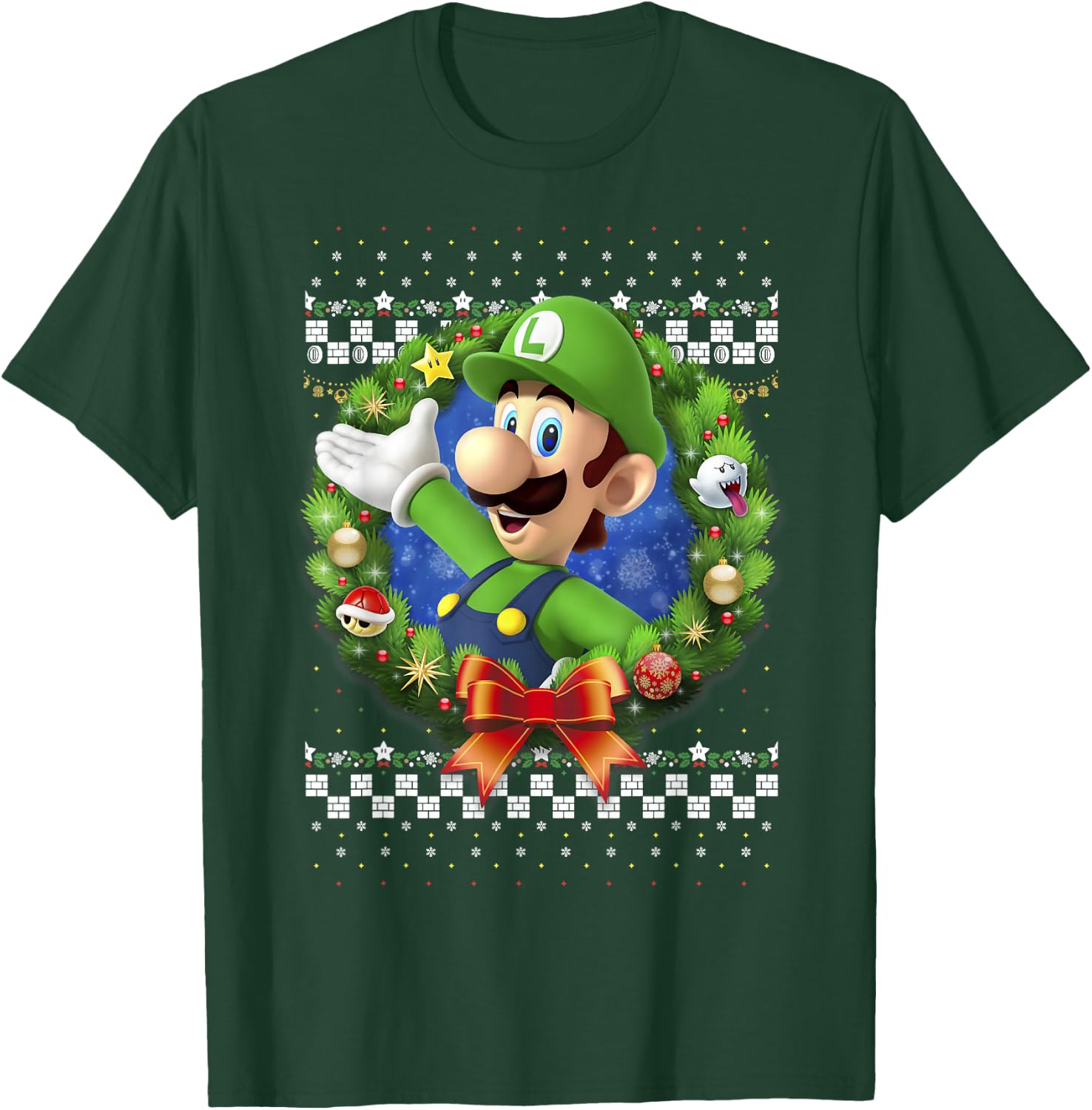 Super Mario 3D Luigi Christmas Wreath Graphic T-Shirt - T-Shirt | Forest