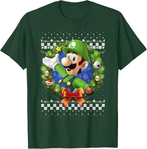 Super Mario 3D Luigi Christmas Wreath Graphic T-Shirt - T-Shirt | Forest