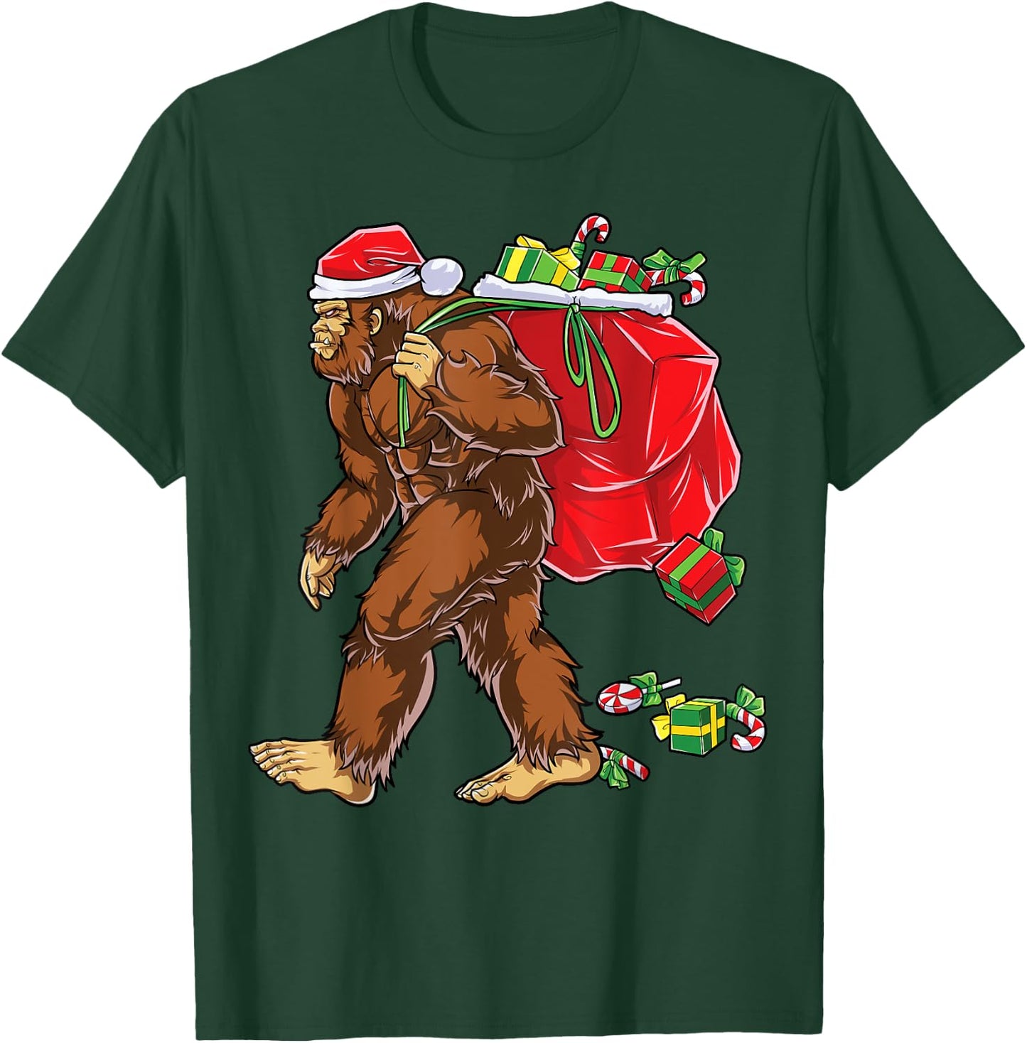 Bigfoot Santa Carrying Christmas Bag Xmas Hat Sasquatch Men T-Shirt - T-Shirt | Forest