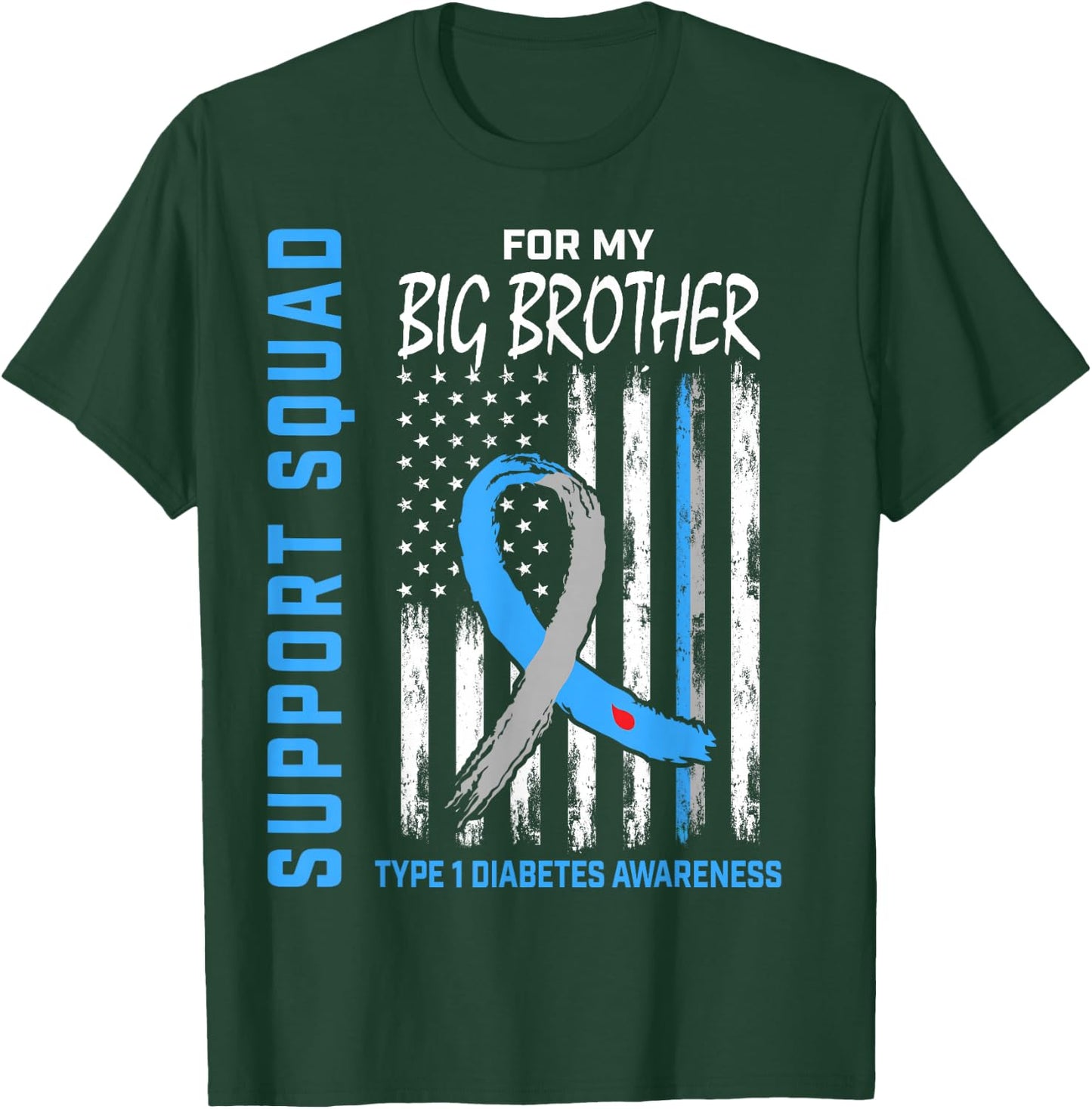 Big Brother Type 1 Diabetes Shirt USA Flag Support Squad T1D T-Shirt - T-Shirt | Forest
