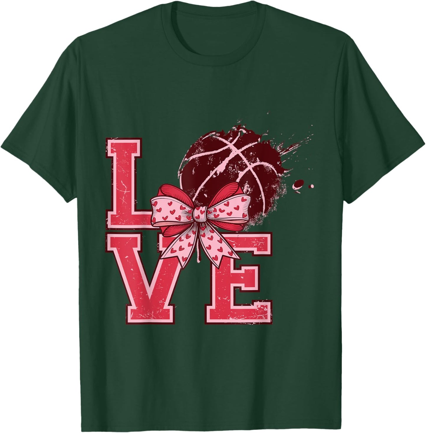 Valentine's Day Love Basketball Cute Bows Pink Gifts Ideas T-Shirt - T-Shirt | Forest