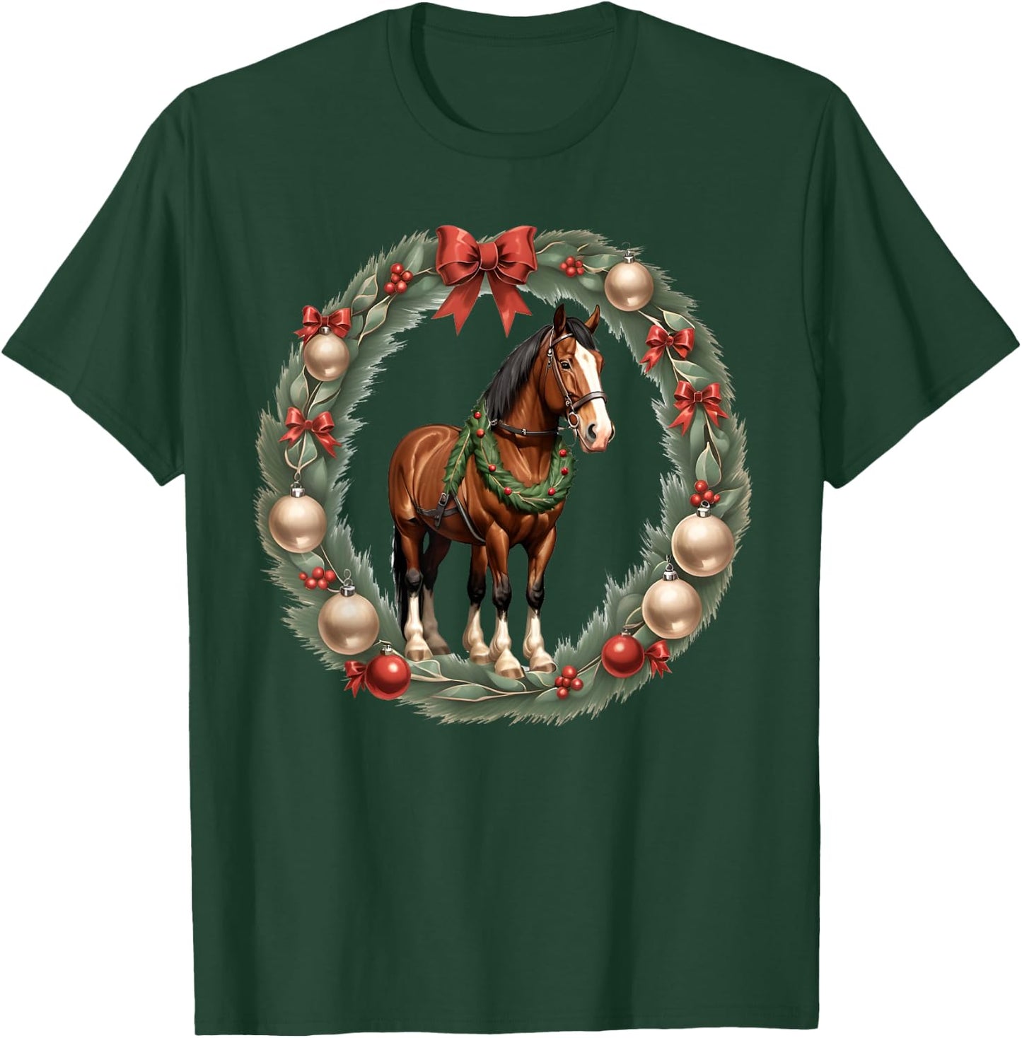 Clydesdale Christmas Horses & A X-Mas Wreath T-Shirt - T-Shirt | Forest