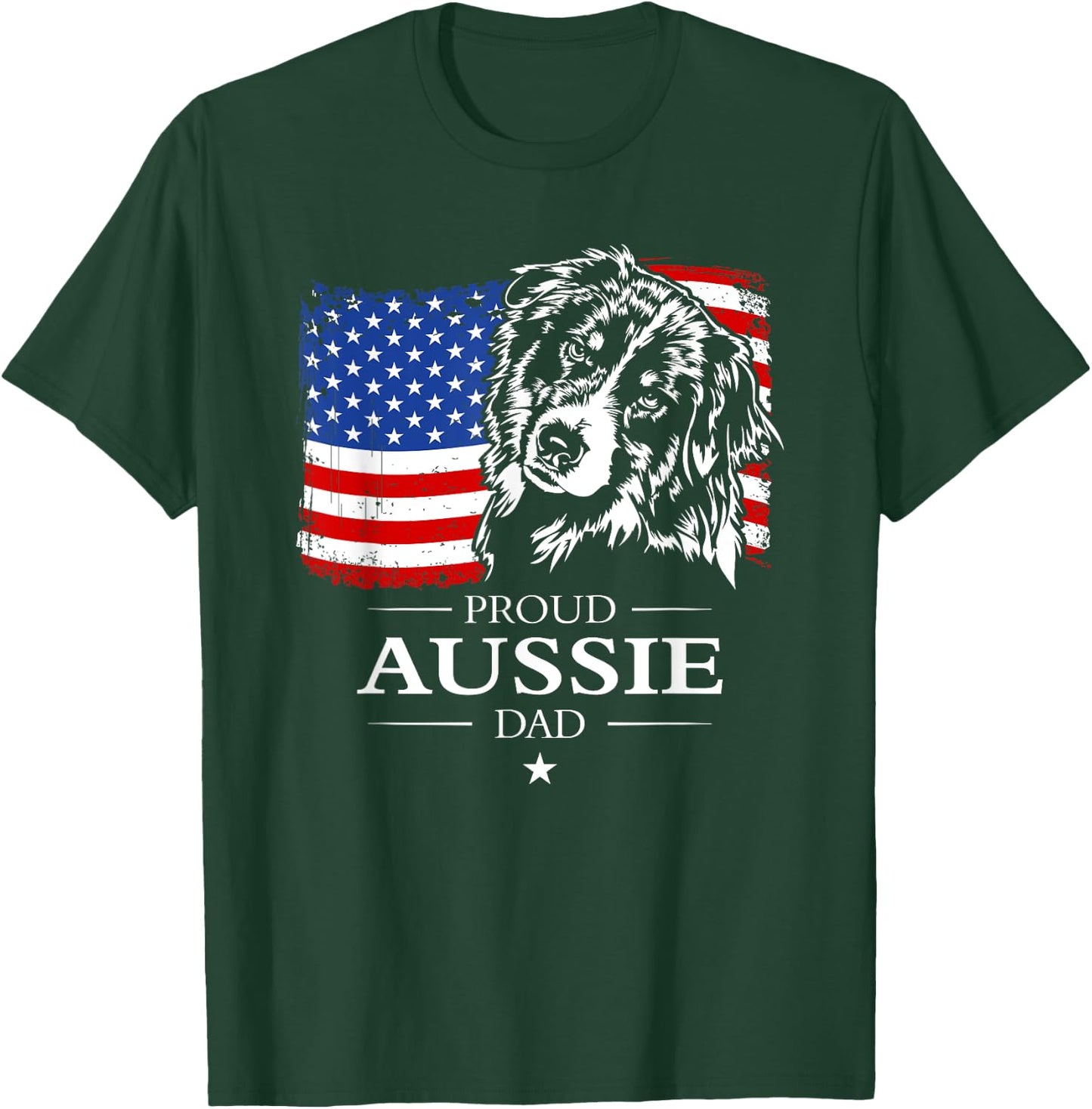 Proud Aussie Shepherd Dad American Flag patriotic dog gift T-Shirt - T-Shirt | Forest